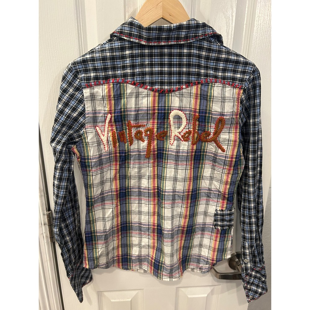 Vintage Rebel Ranch Wear Patchwork Plaid Western Pearl Snap Shirt Womens Small